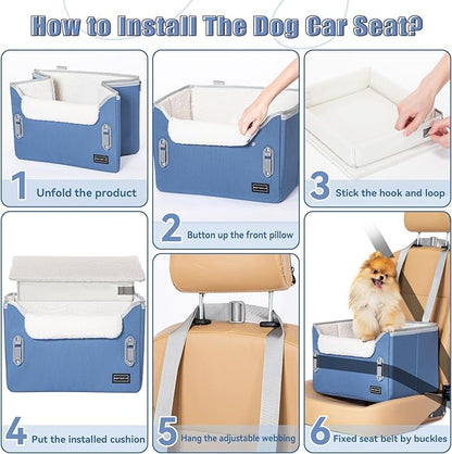 PETSFIT Dog Car Seats for Small Dogs–Patented Safety Buckles–Safety Tether–Foldable Travel Dog Booster Car Seat Reduces Anxiety & Road Trips–Stable Frame, Soft Cushion, Fits Front/Back Seat(Navy Blue)