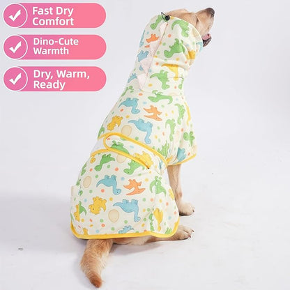 LovinPet 3‑in‑1 Dog Warm Winter Coat & Bathrobe, Hooded Dinosaur Fleece, Lightweight High‑Loft, Absorbent Knit,Quiet Hook‑and‑Loop, Wind‑Blocking Edges, Dog Robes for Medium & Large Dogs, Yellow,2XL