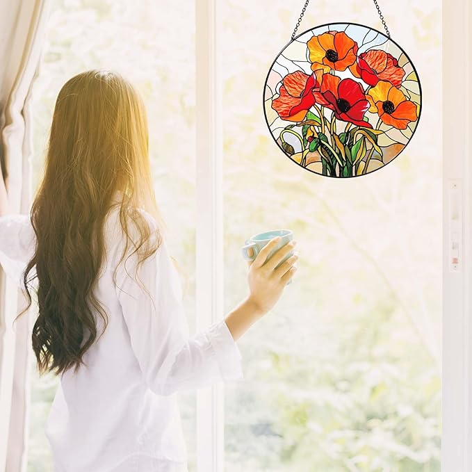 California Poppy Stained Glass Window Hanging 7.8'' – Sun Catcher Indoor Window Decor, Glass Suncatcher for Windows, Flower Hanging Ornament, for Mom Grandma Women Seniors