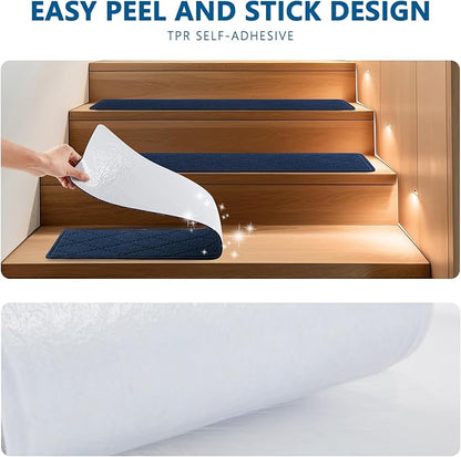 Stair Treads for Wooden Steps Indoor, 15 Pack 8" X 30" Non Slip Carpet Stair Treads with Reusable Adhesive for Kids Elders and Dogs, Surface Polyester TPR Backing Stair Rugs,Navy