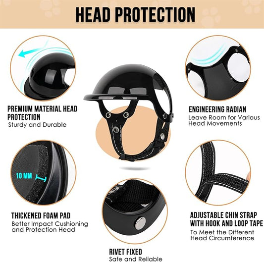 SlowTon Dog Helmet and Goggles - UV Protection Doggy Sunglasses Dog Glasses Pet Motorcycle Helmet Hat with Ear Holes Adjustable Belt Safety Hat for Small Medium Large Dogs Puppy Riding (Black, XS)