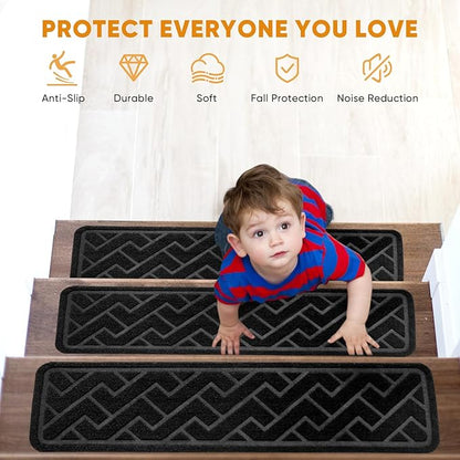 15 Pack 8 "X 30" Non Slip Stair Treads for Wooden Steps, Carpet Stair Treads Made of Polyester and Reusable Adhesive, Stair Runner Rugs for Kids, Elders and Pets (Black)