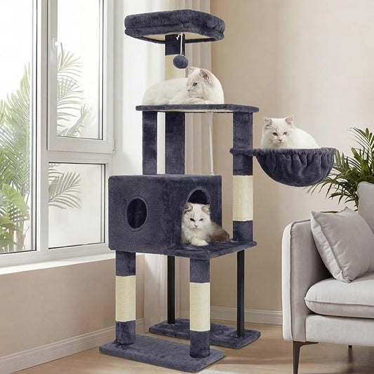 Heybly Cat Tree, 49.2 Inches Cat Tower for Indoor Cats, Spacious Cat House Condo with Hidden Space，Sturdy Steel Tube，Soft Plush Top Perch，Cozy Hammock and Sisal Scratching Posts, Smoky Gray HCT200SG