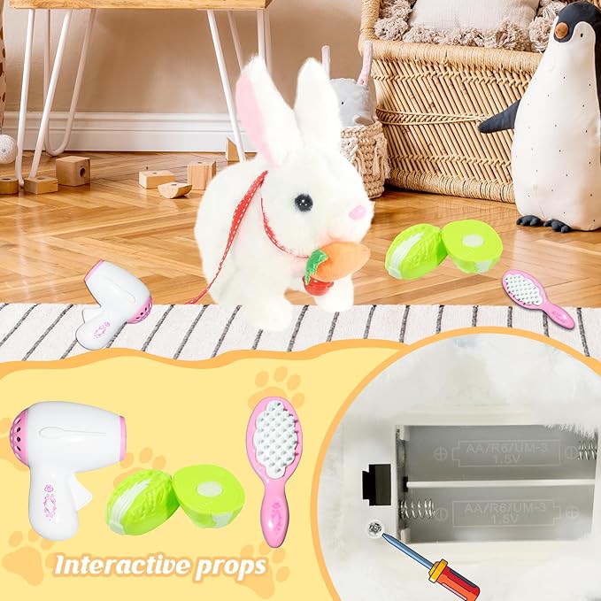 Hopping Rabbit Interactive Electronic Pet Plush Bunny Toy with Sounds and Movements Animated Walking Wiggle Ears Twitch Nose Gift for Toddlers Birthday