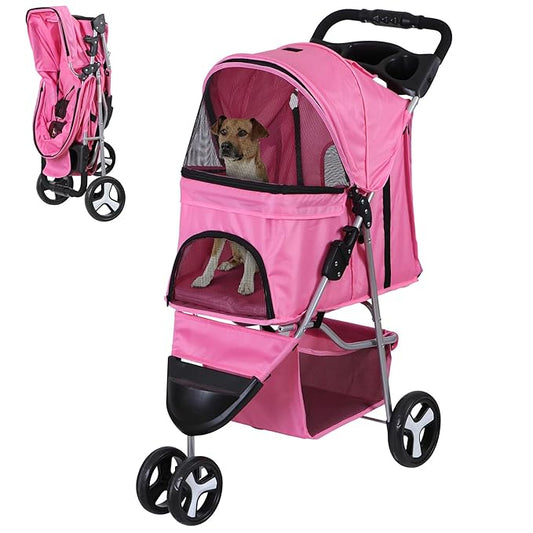 3 Wheels Dog Stroller Folding Pet Strolling Cart for Small Medium Cats Puppies Portable Jogger Travel Camping Puppy Carrier with Storage Basket Cup Holder, Pink