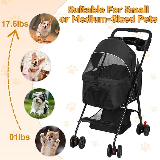 4 Wheels Pet Stroller,Dog and Cat Foldable Strollers, Removable Carrier, Breathable Mesh Canopy, Storage Basket and Cup Holder, Lightweight Travel Carrier, Pet Carrying Cart for Walks Outings Shoppin