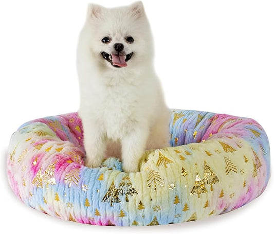 23 Inch Christmas Tree Calming Dog Bed for Small Dogs Cats, Kitty Puppy Round Anti-Anxiety Warm Bed, Soft Cozy Anti-Slip Donut Washable Pet Bed, Fits up to 30 lbs Pets