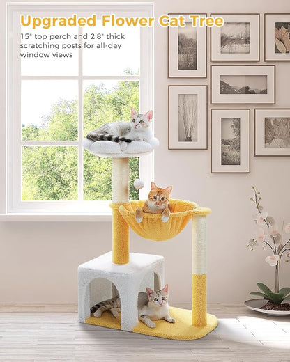 MUTTROS Cute Cat Tree with Flower Top Bed - Cloud Scratching Posts, 35" Small Cat Tower with Large Metal Frame Hammock for Indoor Cats, White Cat Condo for Kittens, Yellow