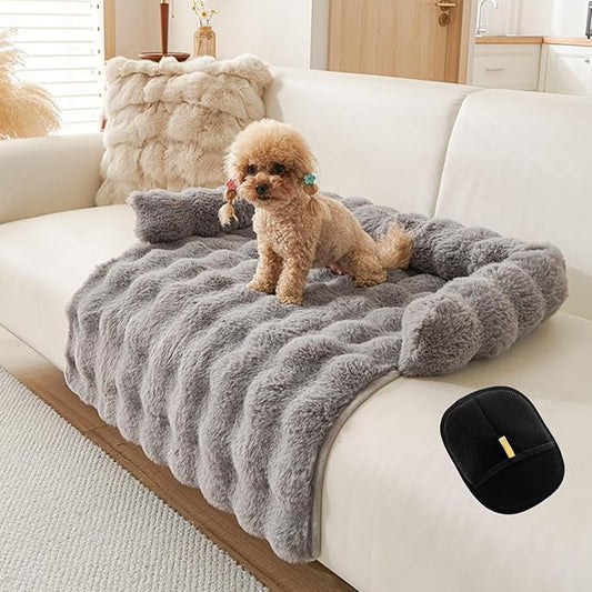 Luxurious Cozy Dog Couch Bed, Washable Removable Calming Pet Sofa Cover, Fluffy Plush Dog Mat for Furniture Protector and Car (Dark Gray)