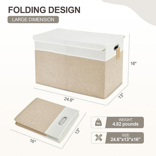 Large Toy Storage Box with Lid, Collapsible Toys Storage Organizer Bins with Dividers and Handles, Storage Chest Bin for Kids, Boys, Girls, Nursery 25"x13" x16" (Beige & White)