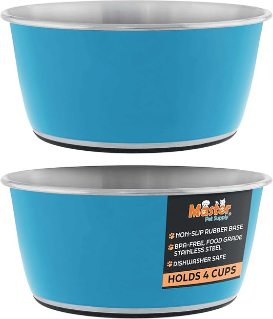 Master Pet Supply Stainless Steel Dog Bowls Set of 2 (32 Oz Each) with Non-Slip Rubber Base - True Blue - Basic Dog Food Bowl Water & Food Bowls for Small Medium Large Dogs & Cats, Metal Dish