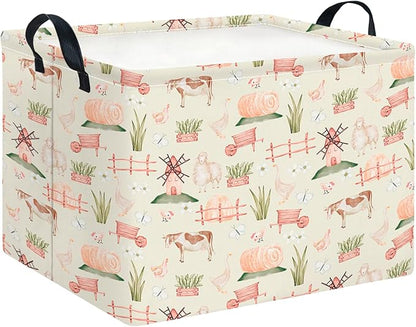 CLOCOR Rectangular Storage Basket,Collapsible Cute Pattern Storage Bin,Waterproof Books Box with Handles,Gift Basket(Farm)