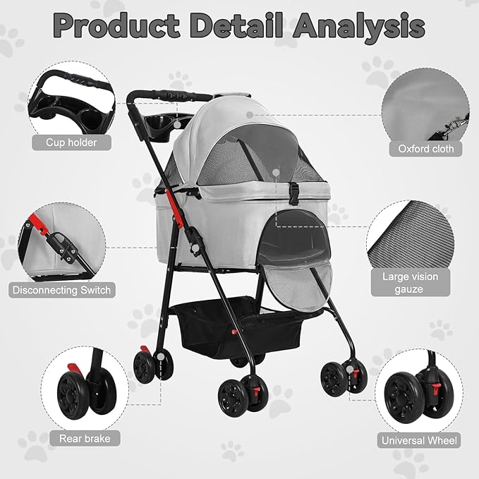 4 Wheels Pet Stroller,Dog and Cat Foldable Strollers, Removable Carrier, Breathable Mesh Canopy, Storage Basket and Cup Holder, Lightweight Travel Carrier, Pet Carrying Cart for Walks Outings Shoppin