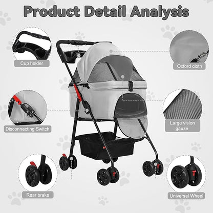 4 Wheels Pet Stroller,Dog and Cat Foldable Strollers, Removable Carrier, Breathable Mesh Canopy, Storage Basket and Cup Holder, Lightweight Travel Carrier, Pet Carrying Cart for Walks Outings Shoppin
