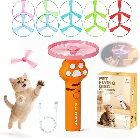 Cat Fetch Toy Launcher,Flying Disc Launcher Toy Rechargeable with 10 Flying Discs,Flying Cat Toy Disc Launcher for Kitten Dog Playing Interactive Hunting Tracking Toys for Outdoor Indoor,Orange