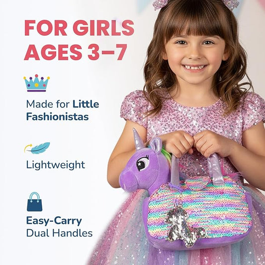 Little Jupiter Plush Pet Set - Unicorn Toys - Unicorns Gifts for Girls - Stuffed Animal for Kids - Unicorns - Plush Toy - w/Reversible Sequins & Charm (Purple Rainbow Unicorn) Age 4-5 - 6-7 yr