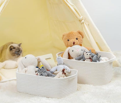 CubesLand Woven Cotton Rope Basket for Laundry, Book, Nursery, Clothes, Shoes, Toys Organizing and Bedroom Home&Living Room Decor, with Durable Handle, Rectangular 14x10x7.08IN White