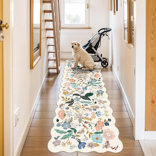 2x10 Washable Hallway Runner Rug: Long Floral Scalloped Soft Runners for Kitchen Entry Thin Non Slip Bathroom Nursery Floor Mat Water Resistant Low Pile 10ft Carpet for Living Room Bedroom(2x10,Cream)