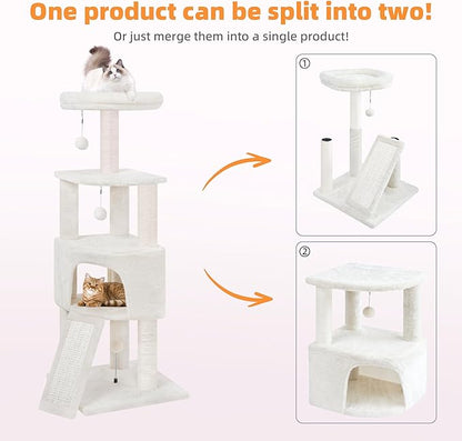 HUITREE 45in Cat Tree Tower with Big Condo for Indoor Kitten,Cat Tower with Scratching Post,Scratching Board and Cat Toys,Multi-Level,Small Space,Transformer Cat Tree, Beige(New)