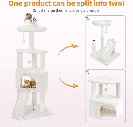 HUITREE 45in Cat Tree Tower with Big Condo for Indoor Kitten,Cat Tower with Scratching Post,Scratching Board and Cat Toys,Multi-Level,Small Space,Transformer Cat Tree, Beige(New)