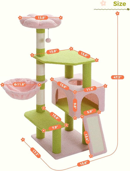 MUTTROS Flower Cat Tree 47.2" Multi-Level Cat Tower with Sisal Covered Scratching Posts, Cute Cat Condo for Indoor Small Medium Cats, Pink Top Perch, Fluffy Ball, Pink