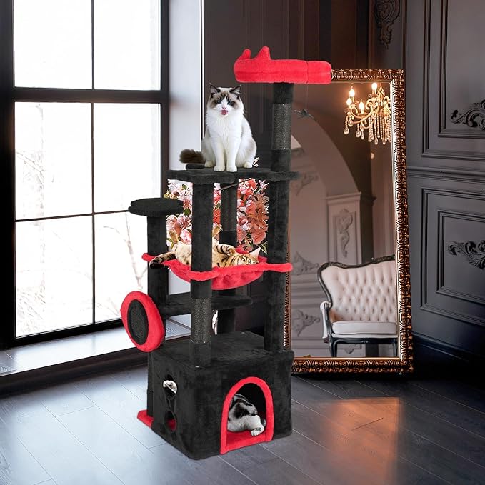 VINGLI 53.2in Gothic Cat Tower with Padded Perch & Spacious Condo, Large Cat Tree with Soft Hammock, Scratching Posts, Hanging Spider Toy, Red & Black Indoor Cat Furniture for Multiple Cats