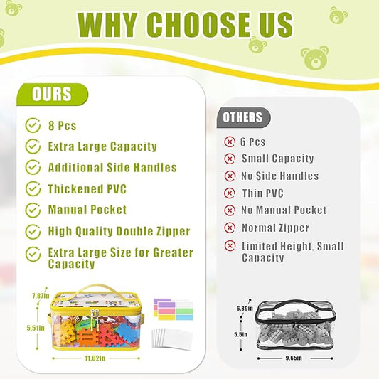 8 Packs Large Toy Storage Bags with Labels, Reusable Clear PVC Board Game Storage, Travel Waterproof Toy Organizer Bags with Name Tag and Manual Pocket for Building Blocks, Puzzle, Kids Books