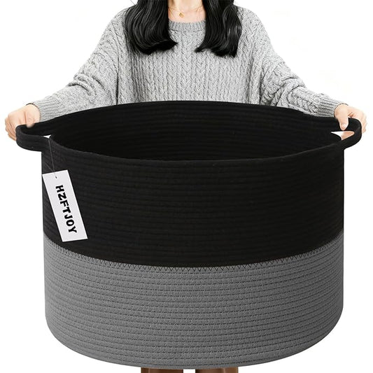 90L Large Blanket Basket,21.7"L x 21.7"W x 13.8"H Rope Woven Baskets with Handles, Toys Storage Bins,Laundry Basket Perfect for Living Room, Nursery,Bedroom,Home Organization,Black&Dark Grey