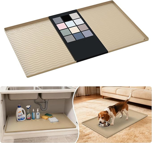 URMONA Waterproof Silicone Under Sink Mat 37'' x 22'' Shelf Liner for Kitchen and Bathroom, Cabinet and Counter Protector, Storage and Organizers, Litter Mat, Pet Cat Puppy Essentials(Khaki)
