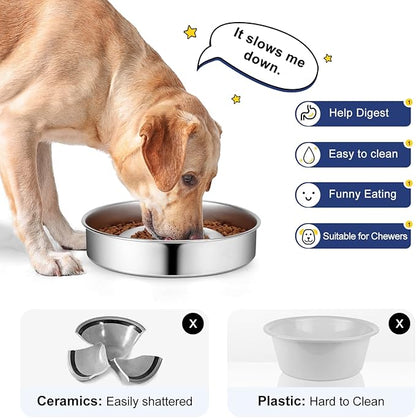 Stainless Steel Non Slip Slow Feeder Dog Bowl, 4 Cups Metal Dog Food Bowls for Medium and Large Dogs, Fun Bloat Stop Pet Bowl Dogs Water Bowl for Fast Eaters, Slows Down Pets Eating