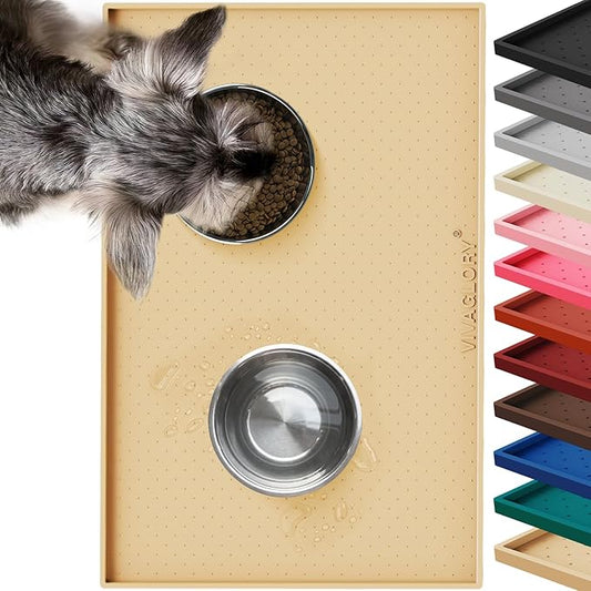 VIVAGLORY Dog Bowl Mat Grippymat Pet Food Mat, Waterproof Washable Nonslip Silicone for Pet & Cat, Food and Water Placemat with Lip & Raised Edges for Indoor Floor, L, Beige Yellow