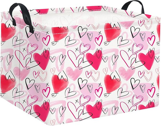 HIYAGON Rectangular Valentines Basket Fabric Storage Bin Storage Boxes Collapsible Storage Basket for Clothes Books Shelves Basket(Pink Purple Heart)
