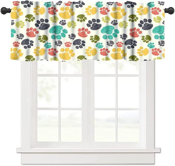 Paw Valances Curtain for Kitchen, Colorful Animal Paws Print Window Treatment Valances Short Curtains Rod Pocket Drape for Dining Room Home Farmhouse Decor, 54x18inch