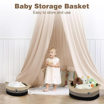 Dog Toy Basket, Toy Box and Bin for Dog Cat Storage, 13.5" X 11" X 5" Small Woven Rope Basket for Baby Storage, Closet, Living Room, Brown & Black