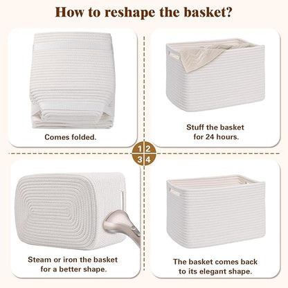 Storage Baskets for Organizing, 4 Pack Baskets for Shelves, Decorative Storage Bins for Shelves, Cotton Rope Storage Basket with Handles, Woven Basket for Storage, 13''Lx8.7''Wx7.9''H, White