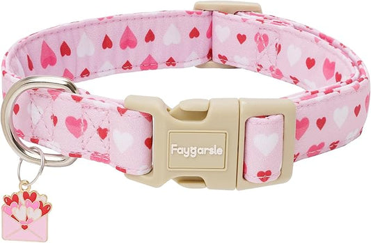Faygarsle Valentine's Day Dog Collar, Pink with Red and White Hearts Pattern, Adjustable with Quick-Release Buckle and Heart Charm M