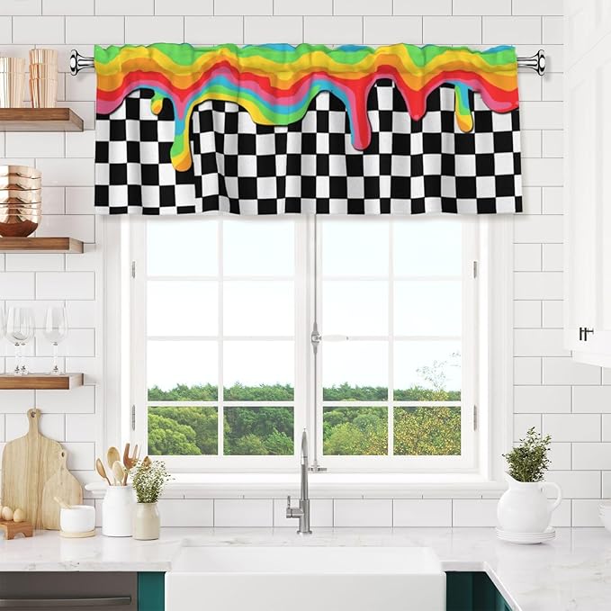 Rainbow Checkerboard Curtain Valance Short Rod Pocket Window Treatment for Living Room Bedroom Kitchen Bathroom 1 Panel 54" W x 18" L