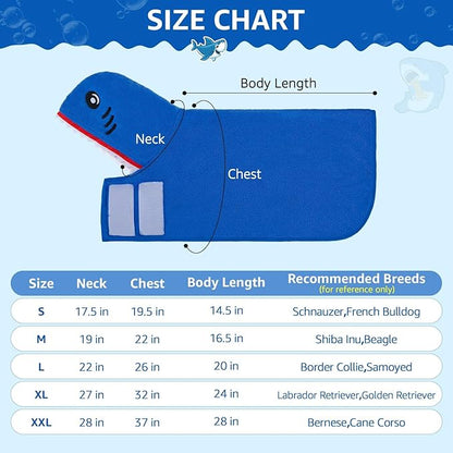 SCENEREAL Dog Bathrobe Fast Drying Towel Microfiber Dog Towel Robe with Hook and Loop Closure & Wrap Tie Snuggle, Super Absorbent Pet Cat Dog Bath Robe Drying Coat, Shark Hood 2XL