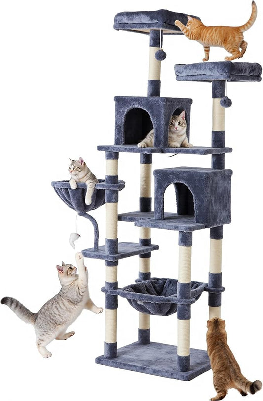 Large Cat Tree 71 Inch, Multi-Level Tall Cat Tree Tower with Condo, Perches, Sisal Scratching Posts and Hammock, Pet Play House with Dangling Balls for Indoor Cats, Dark Grey