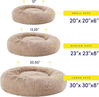 Dog & Cat Bed: Round Faux Fur Pet Bed - Plush, Cozy, & Calming Donut Bed for Large Pets - Soft & Comfortable Sleeping Cushion for Napping & Lounging, 30" Round, Taupe