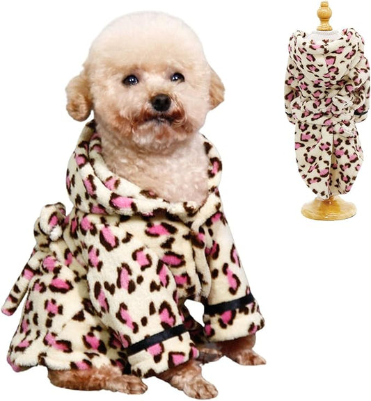 Small Dog Bathing Towel, Adjustable Dog Bath Robe for Cold Weather, Puppy Pajamas Warm Flannel Dogs Pjs, Pet Coats for Small Dogs Pink Leopard S