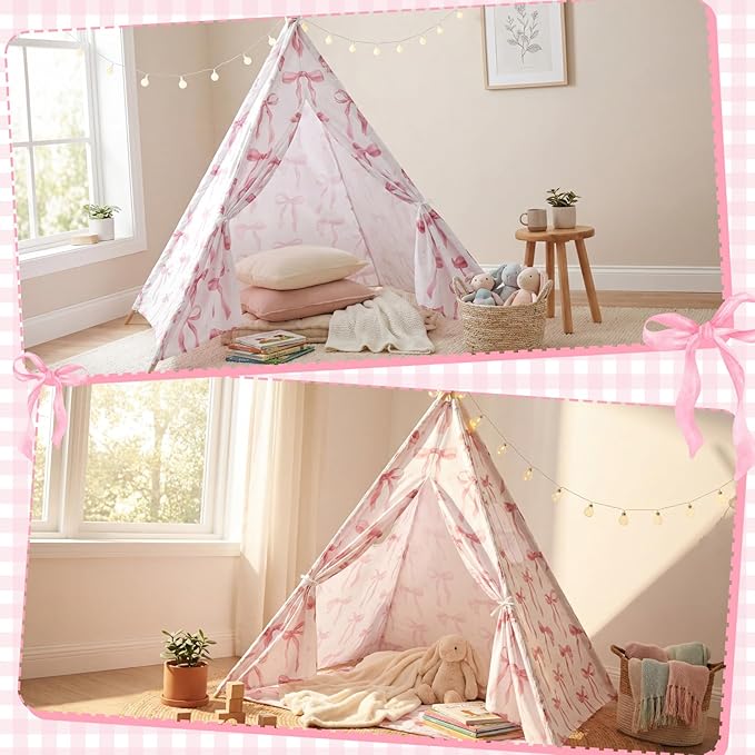 Pink Bow Teepee Tent Indoor Play Tent Coquette Playhouse Foldable Teepee for Indoor Reading Nook Room Decor