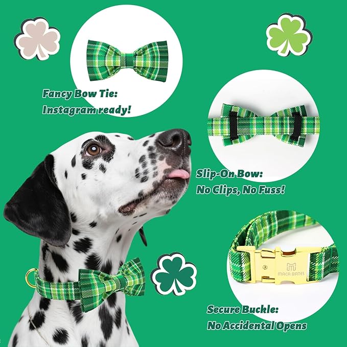 Maca Bates St. Patrick's Day Irish Plaid Dog Collar with Fancy Bow Tie,Shamrock Green Gingham Pattern for Small Girl Boy Dogs,Adjustable Durable Soft Collars Gift for Male Female Puppy