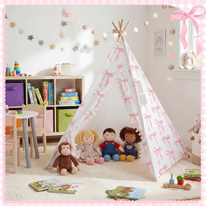 Pink Bow Teepee Tent Indoor Play Tent Coquette Playhouse Foldable Teepee for Indoor Reading Nook Room Decor