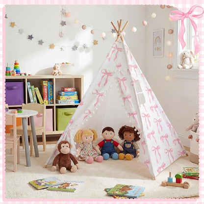 Pink Bow Teepee Tent Indoor Play Tent Coquette Playhouse Foldable Teepee for Indoor Reading Nook Room Decor