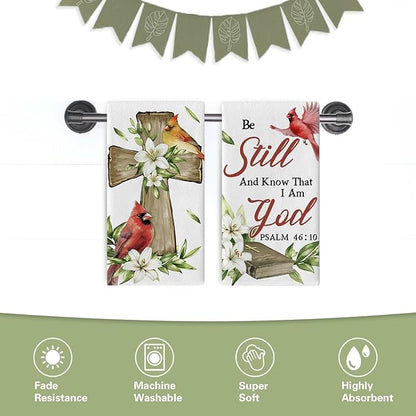 Christian Cardinal Kitchen Dish Towels Set of 2, Religious Cross Red Birds Drying Hand Towel Baking Cooking Cloth, Lily Flowers Holy Bible Home Decoration 18 x 26 Inches