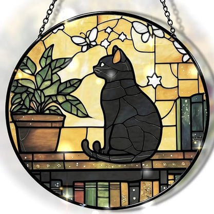 Greatingreat Stained Glass Window Hanging, Home Room Decor 7.8 Inch Cat Sun Catchers Indoor Window, Wall Art Home Decor Gift for Cat Lovers Women Mother's Day