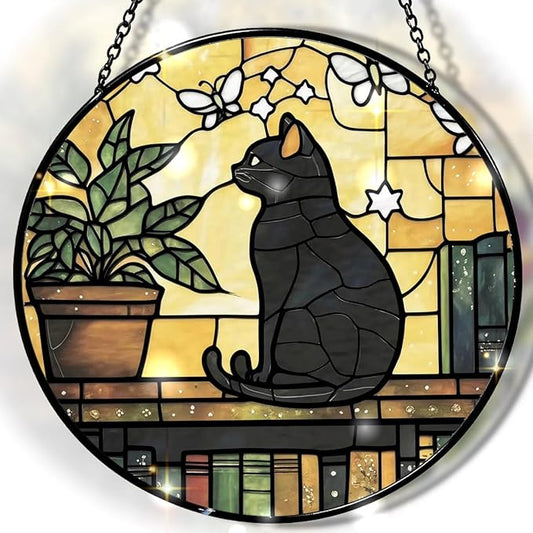 Greatingreat Stained Glass Window Hanging, Home Room Decor 7.8 Inch Cat Sun Catchers Indoor Window, Wall Art Home Decor Gift for Cat Lovers Women Mother's Day
