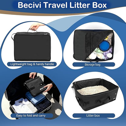Portable Cat Travel Litter Box with Lid and 10 Pcs Disposable Liner Bags, Leak-Proof & Collapsible, Easy Clean Odor-Control Cat Travel Essentials for Car, Hotel, Airplane, Camping,Trips Black
