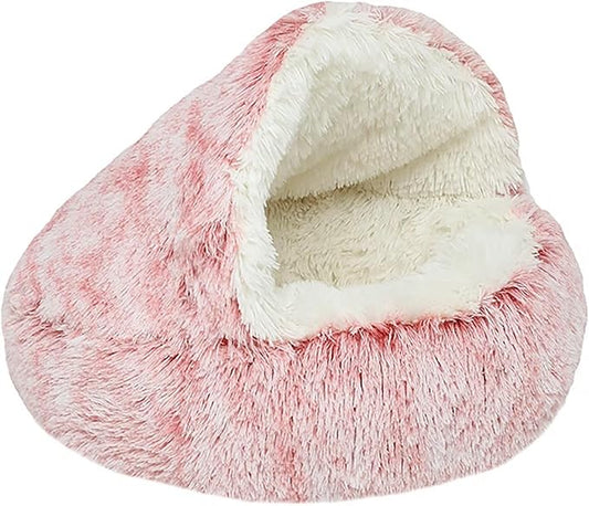 Dog Cave Bed for Small Dogs Cats Pets, Anti Anxiety Calming Plush Dog Beds, Fluffy Covered Hooded Cozy Burrow Puppy Beds, Anti-Slip Bottom Washable Pet Sleeping Bag (20" D, Pink)